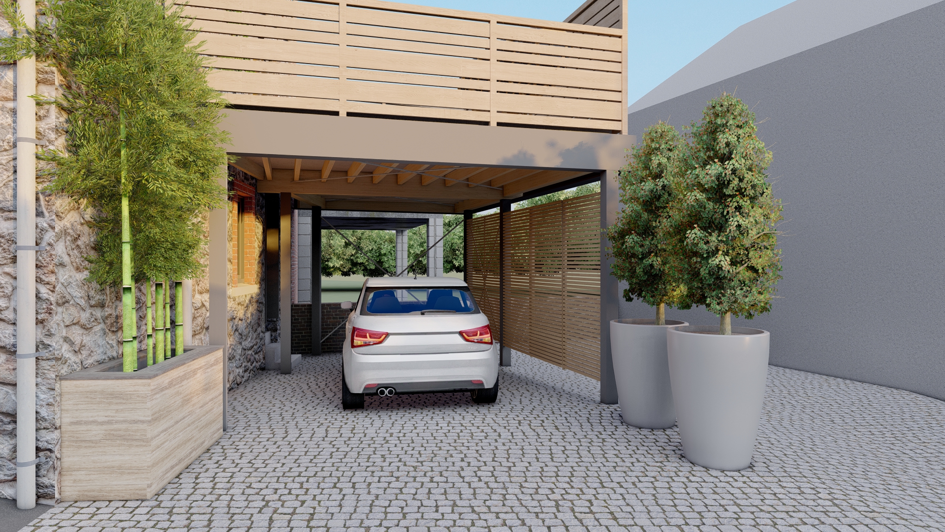 Carport bois et terrasse en surplomb