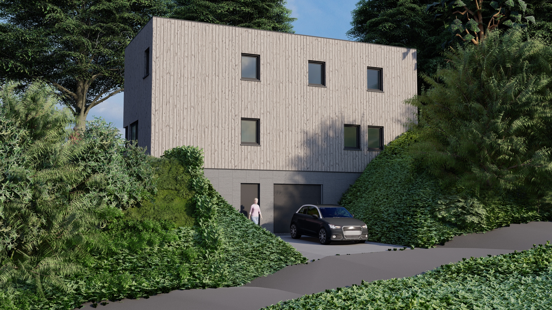 Nouvelle construction unifamiliale adaptée à un terrain en pente