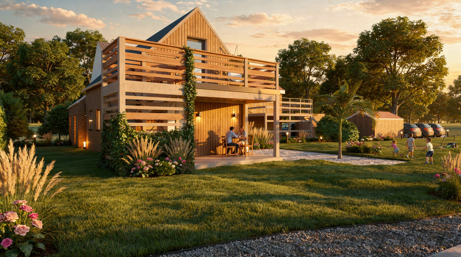 Terrasses et bardage bois — volume secondaire existant