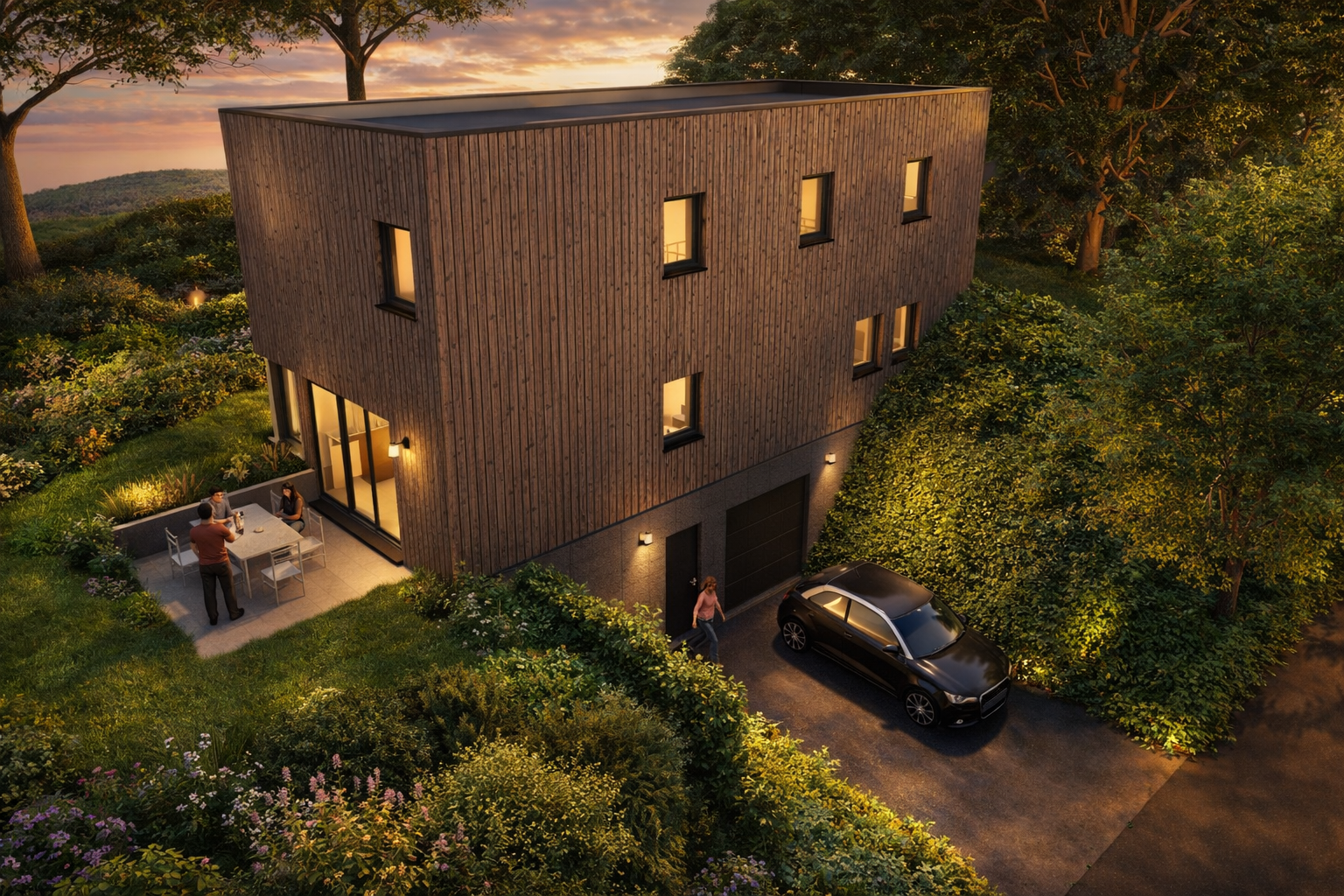 Nouvelle construction unifamiliale adaptée à un terrain en pente